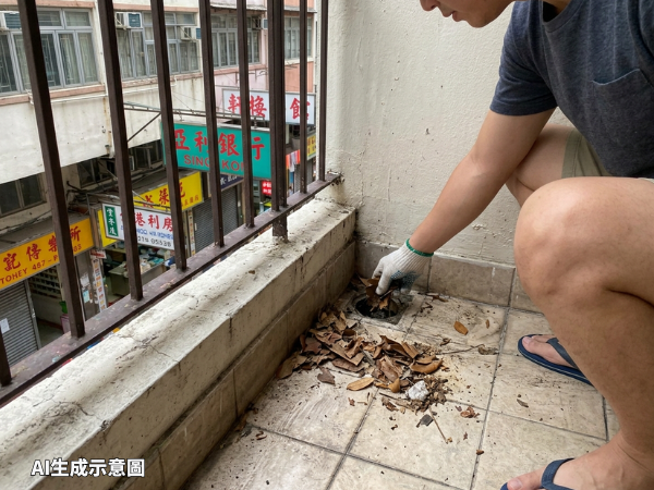 男子在露台清理去水位杂物,为打风前家居防风做准备