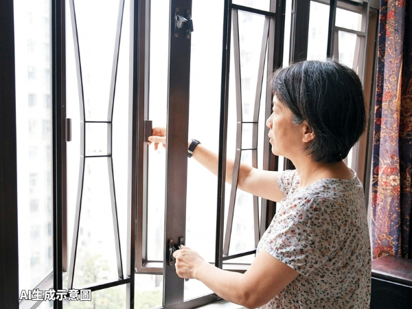 女子检查窗户及防盗窗锁扣,准备迎接台风和强风天气