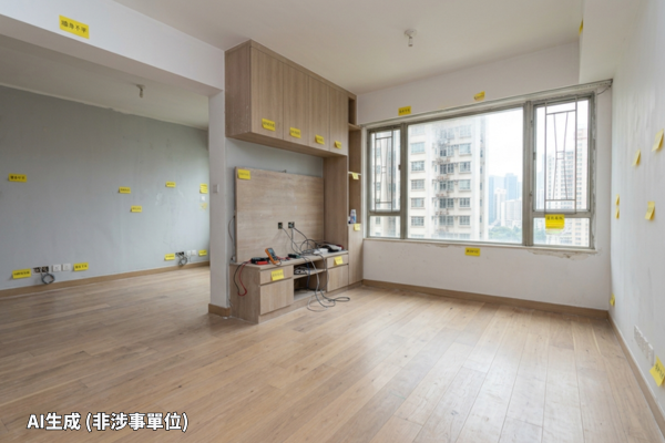 翻新中住宅单位示意图,墙身及柜位贴有工程标签