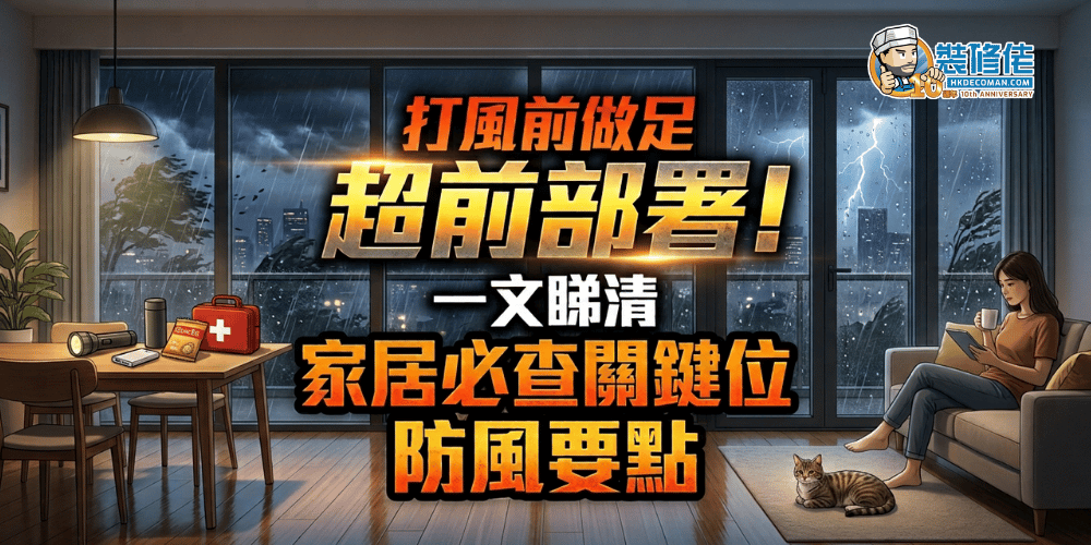 打风前家居防风准备主图，提醒检查窗户、露台、冷气机及应急物资