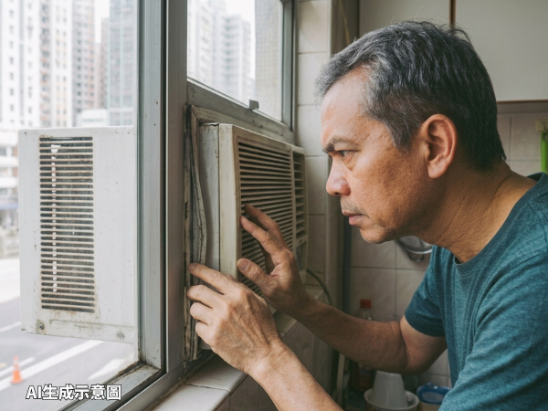 男子检查窗口式冷气机及窗框,为台风前家居安全作准备