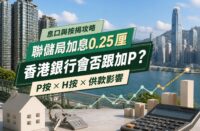绿色地产新闻封面，以香港住宅及金融区为背景，介绍联储局加息0.25厘与P按、H按及供款影响