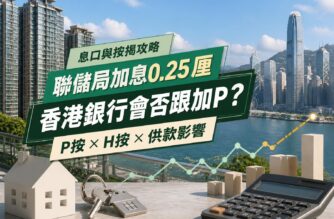 绿色地产新闻封面，以香港住宅及金融区为背景，介绍联储局加息0.25厘与P按、H按及供款影响