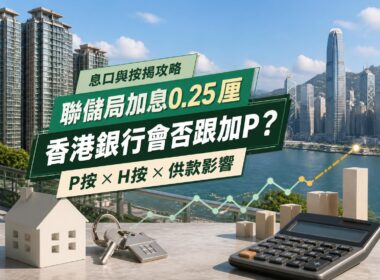 绿色地产新闻封面，以香港住宅及金融区为背景，介绍联储局加息0.25厘与P按、H按及供款影响
